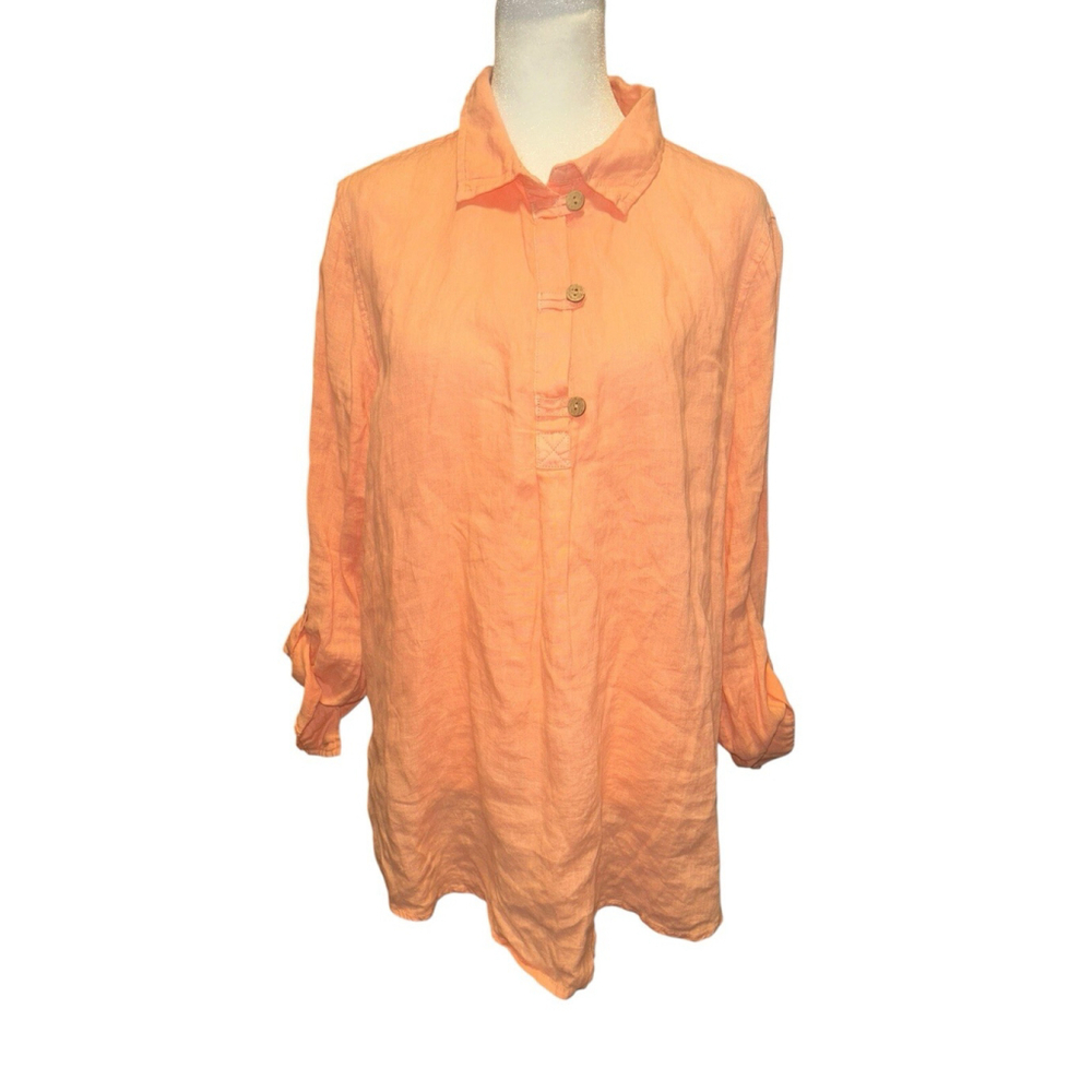 SIGRID OLSEN Size Large Coral Linen Popover Tunic Blouse Long Tab Sleeves